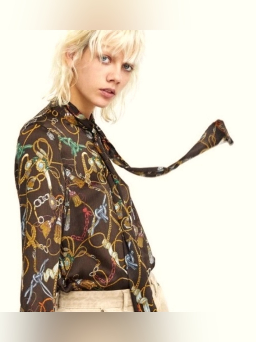 Zara Basic | Brown Chain & Rope Print Tie-Neck Blouse